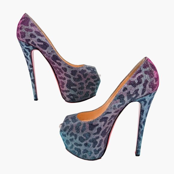 Christian Louboutin Highness 160 Platform Pumps Size 38.5 Blue Purple Leopard - Picture 10 of 13